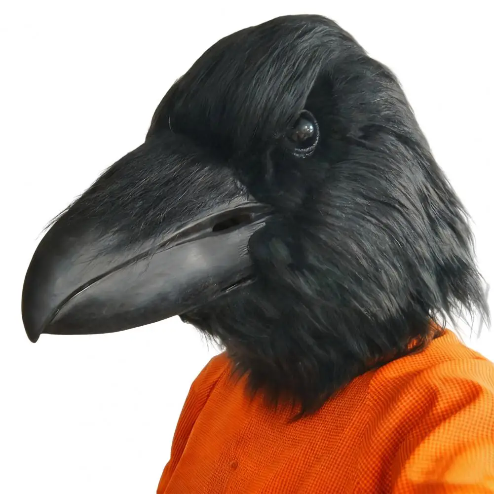 Halloween Crow Mask, Realistic Plush Bird Full Head Latex Mask, Vintage Steampunk Cosplay Costume, Long Beak Mask