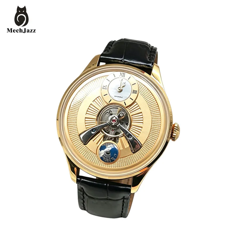 Men's Automatic Mechanical Watch Skeleton Multi-Dimensional Dial with Earth Globe Second Hand, Luxury Gold Case Dress Wristwatch