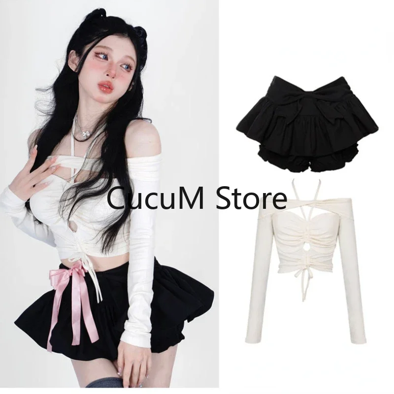 2024 Spring Off Shoulder White Crop Top Women\'s Black Mini Pleated Skirt Cute Two 2 Piece Outfits for Shorts Set Women Shirts