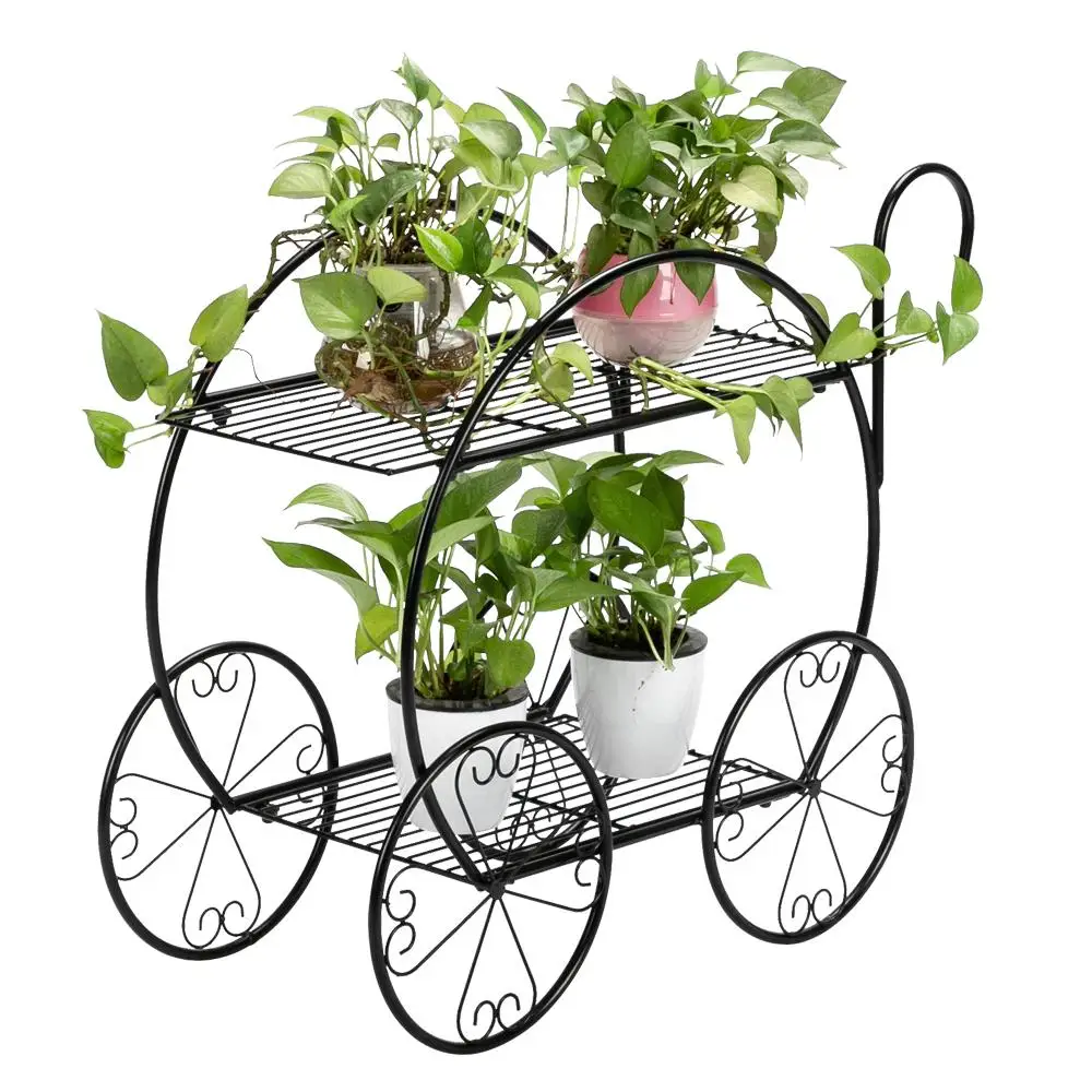 2-Tier Black Plant Stand with Handle - Stylish Cart Shape for Indoor/Outdoor Use