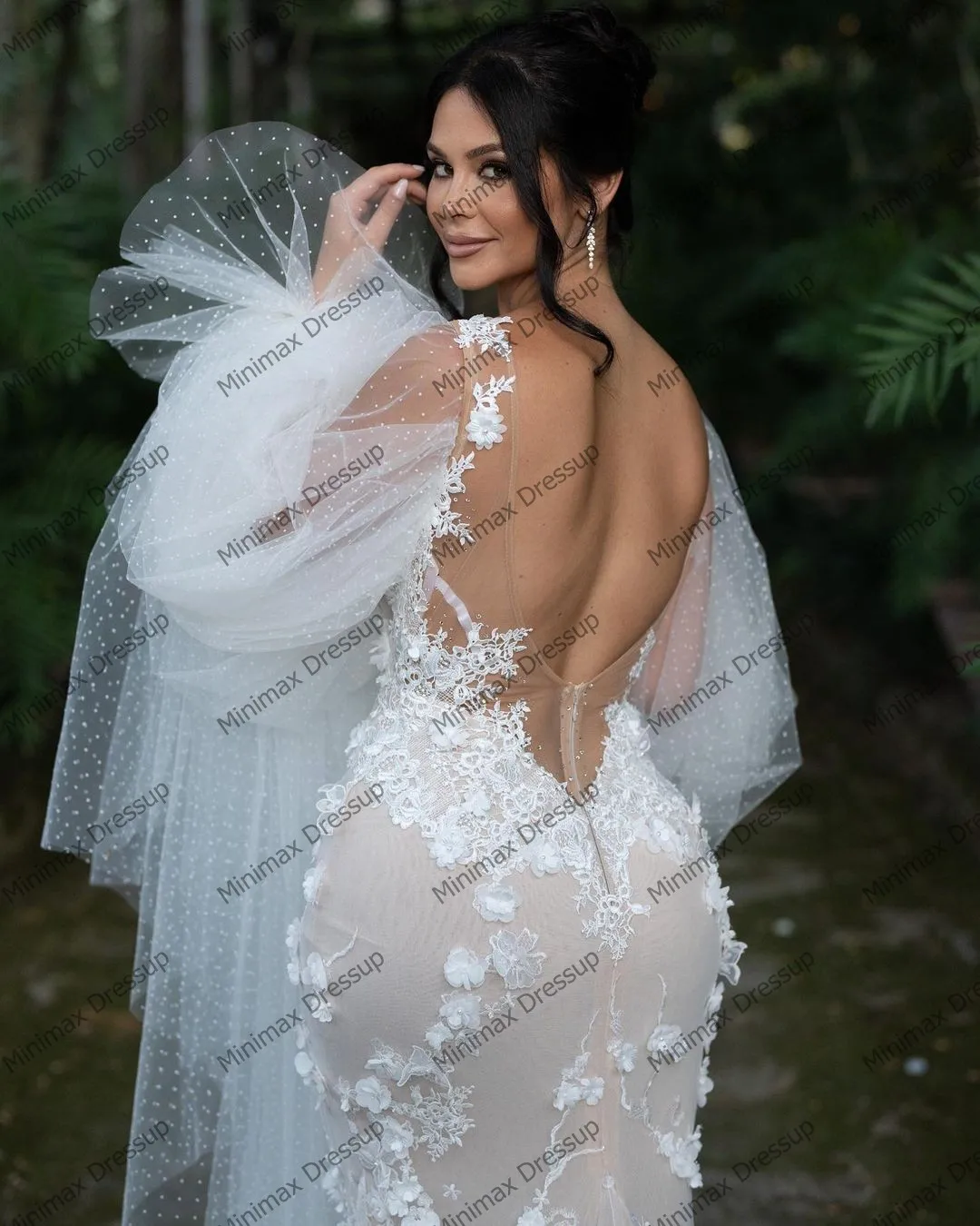 Charming Lace Floral Bridal Dresses Sexy Backless 3D Appliques Mermaid Wedding Gowns Fashion V Neck Ruffles Sleeves Wedding Dres
