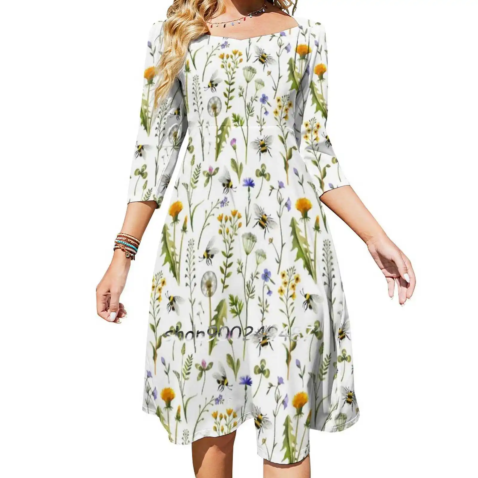 Bees And Wildflowers On White Square Neck Dress Cute Loose Print Dresses Elegant Beach Party Dress Bee Insect Pollinator