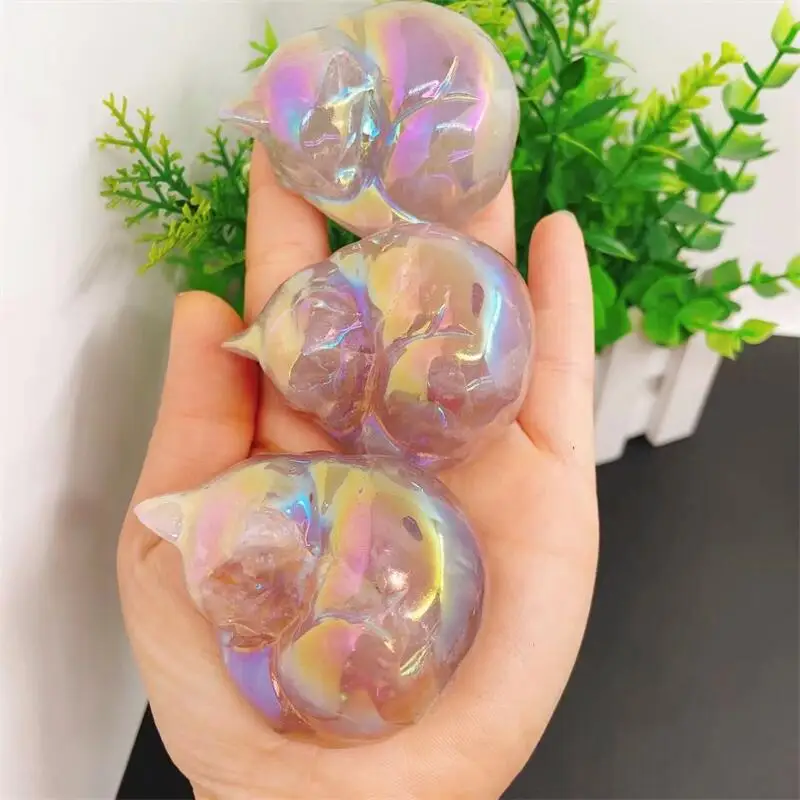 

Natural Aura Clear Quartz Sleeping Cat Carving Healing Crystal Stone Cute Birthday Present Home Decoration 1PCS