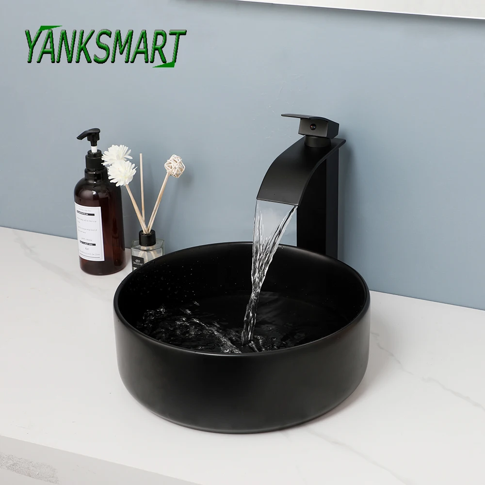 

YANKSMART Matte Black Ceramic Bathroom Basin Sink Set Above Counter Round Bowl Vessel Vainty with Pop-up Drain Mixer Water Tap