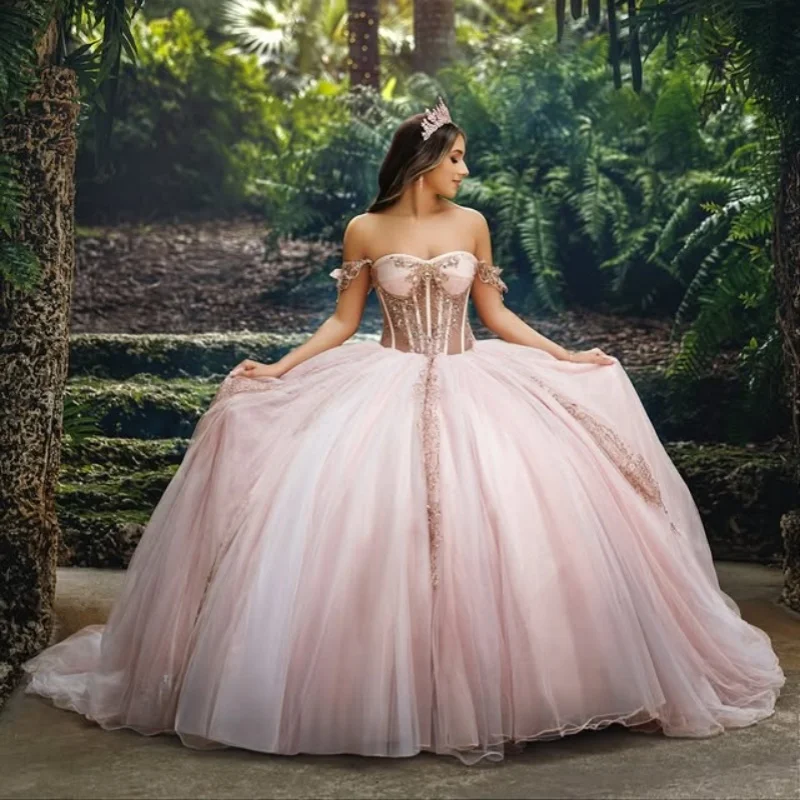 

Customized light color Quinceanera Dresses Off the Shoulder sequin crystal applique Tull Long tail Vestido 15 Quinceanera