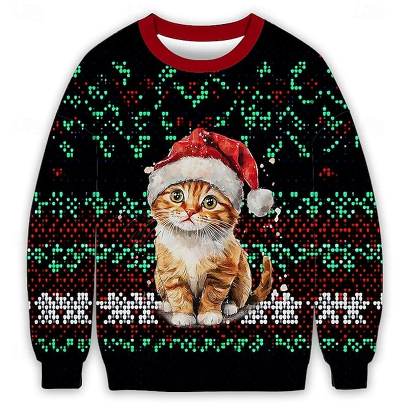 3D Printed Cat Santa Claus Hoodie For Men Funny Christmas Pattern Sweatshirts Autumn Unisex Long Sleeve O-Neck Loose Hoodies