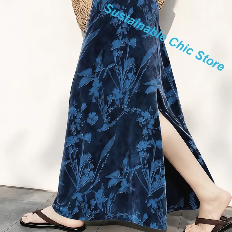 Chinese Temperament Blue Flower Velvet Beautiful Skirt Female Autumn and Winter New Fashion Retro High Waist Split Printed Skirt