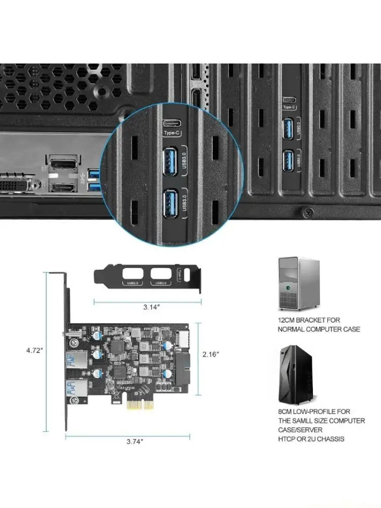 Standard and Compact Case Mounting PCIe USB Card with 2 External USB-A Slots, 1 USB3.0 Type-C Slot, Internal Type-E Connection