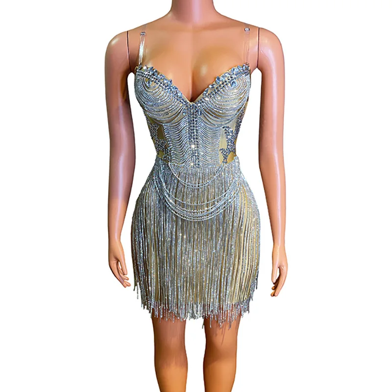 

Suspender Shiny Diamond Rhinestone Tassel Mini Dress For Birthday Club Party Robe Femme Chic Et Élégante Women Vallentain Dress