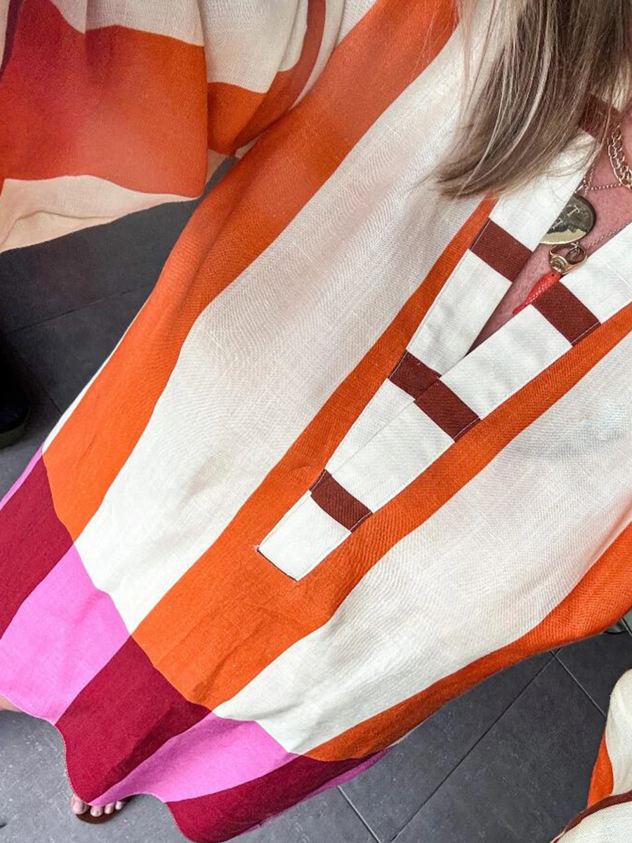 秋のローカットVネック長袖ワンピース オフィスレディース ストライプ柄プリント ショート丈ワンピース カジュアル ハイストリート ボヘミアン Aラインワンピース