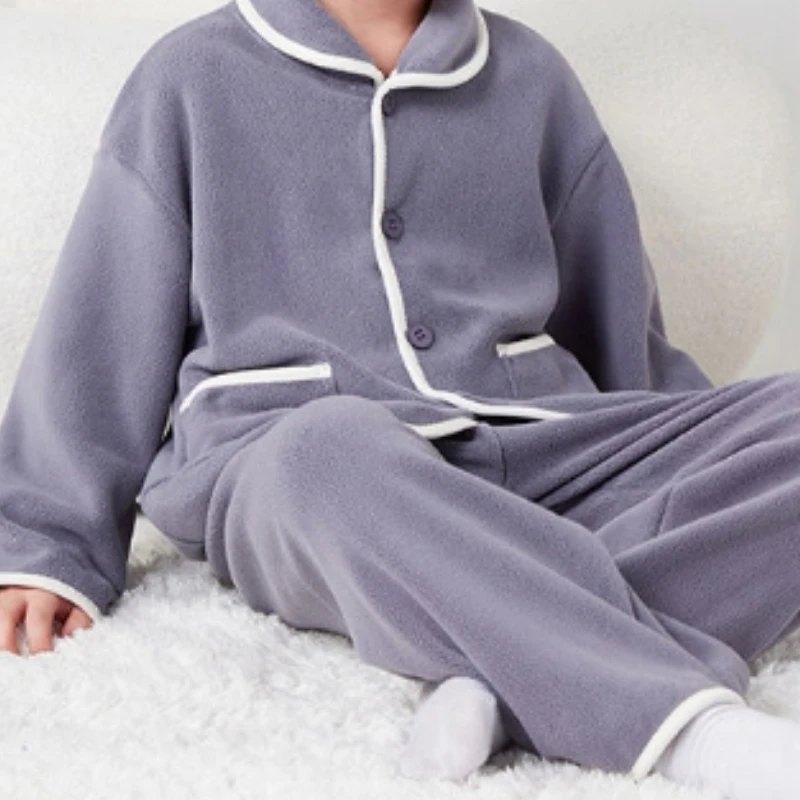 Boys Pajamas Polar Fleece Boys Pajamas Autumn and Winter Double sided Thickened Warming Solid Long-sleeved Set