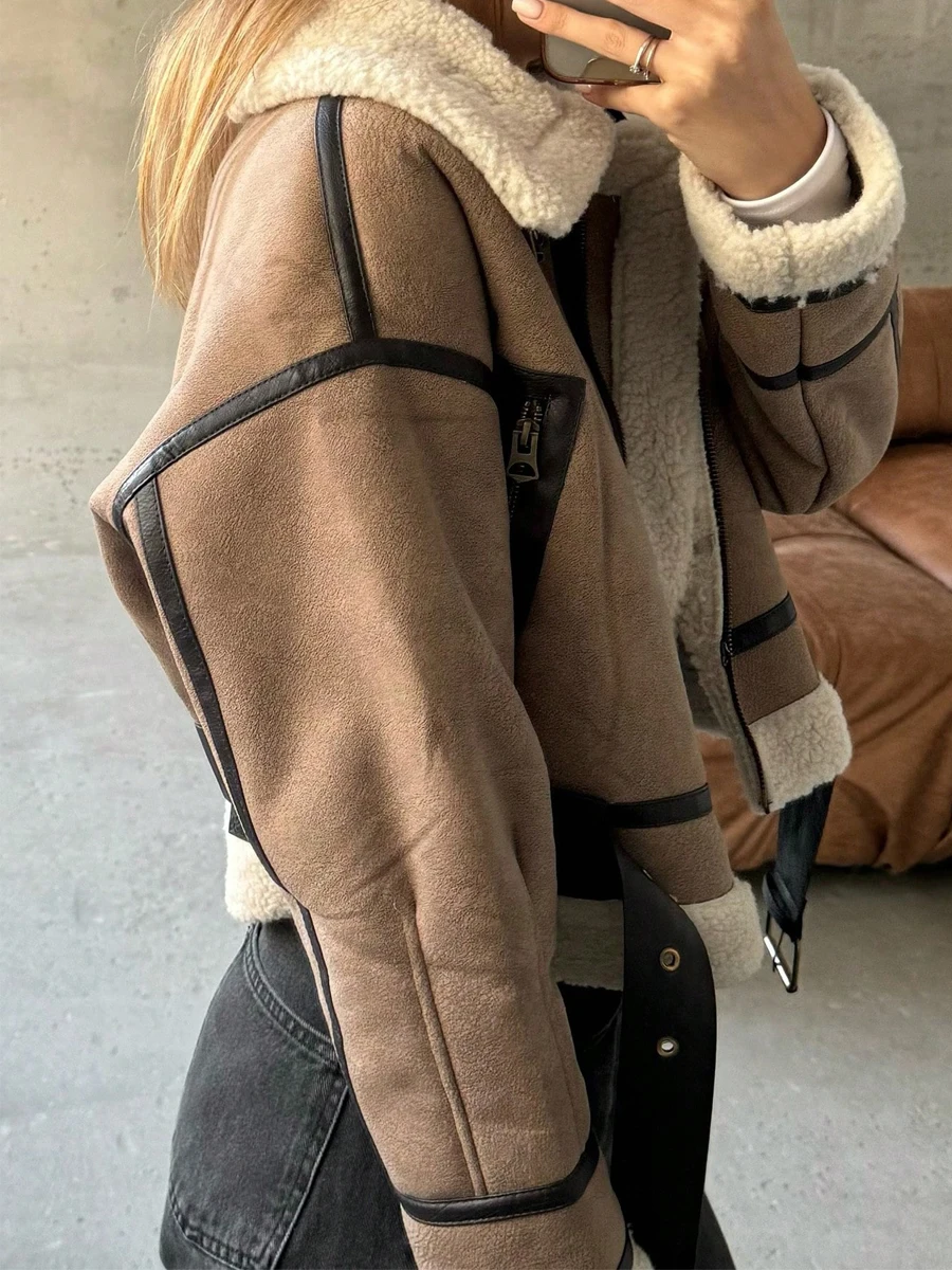 Vintage Quilted สั้นเสื้อแจ็คเก็ตฤดูใบไม้ร่วงฤดูหนาวหนาเปิดลงปกผู้หญิง Cropped Jacket เข็มขัด Faux Lamb Fur Coat High Street