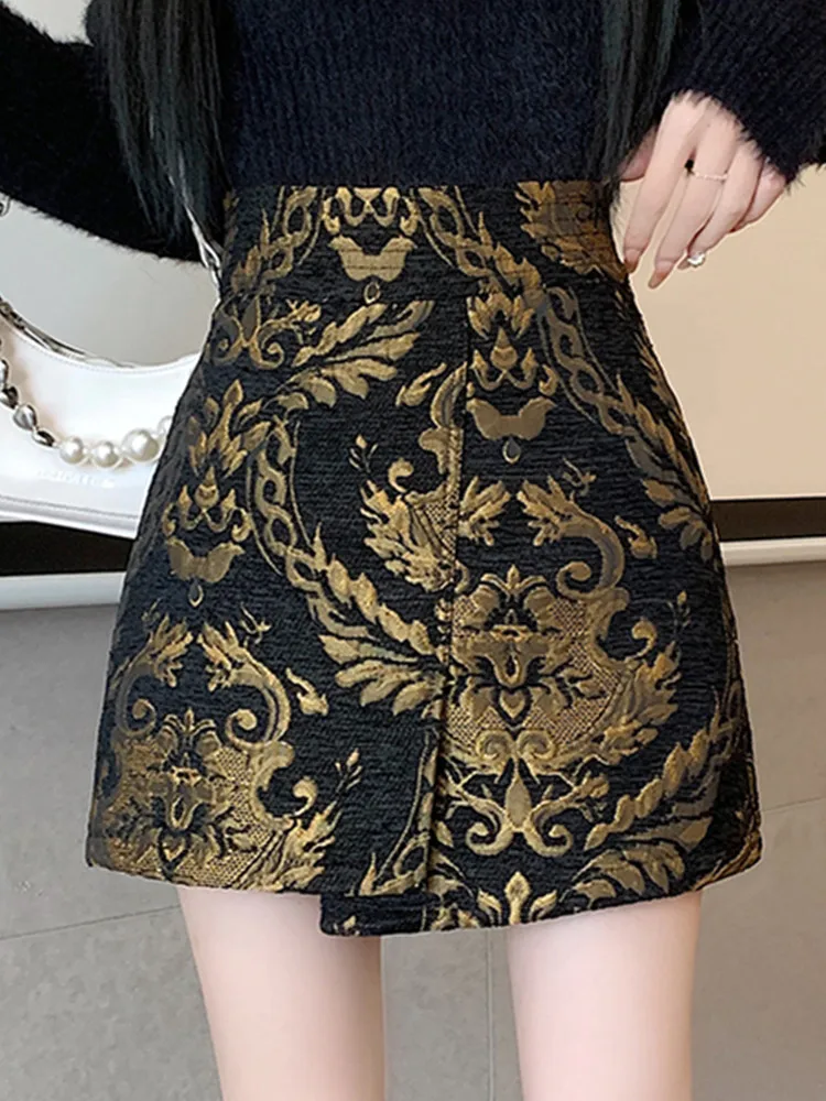 SMTHMA New Autumn New Palace Style French Vintage Jacquard Skirt Women\'s  High Waist Elegant A- Line Skirt Female Clothing