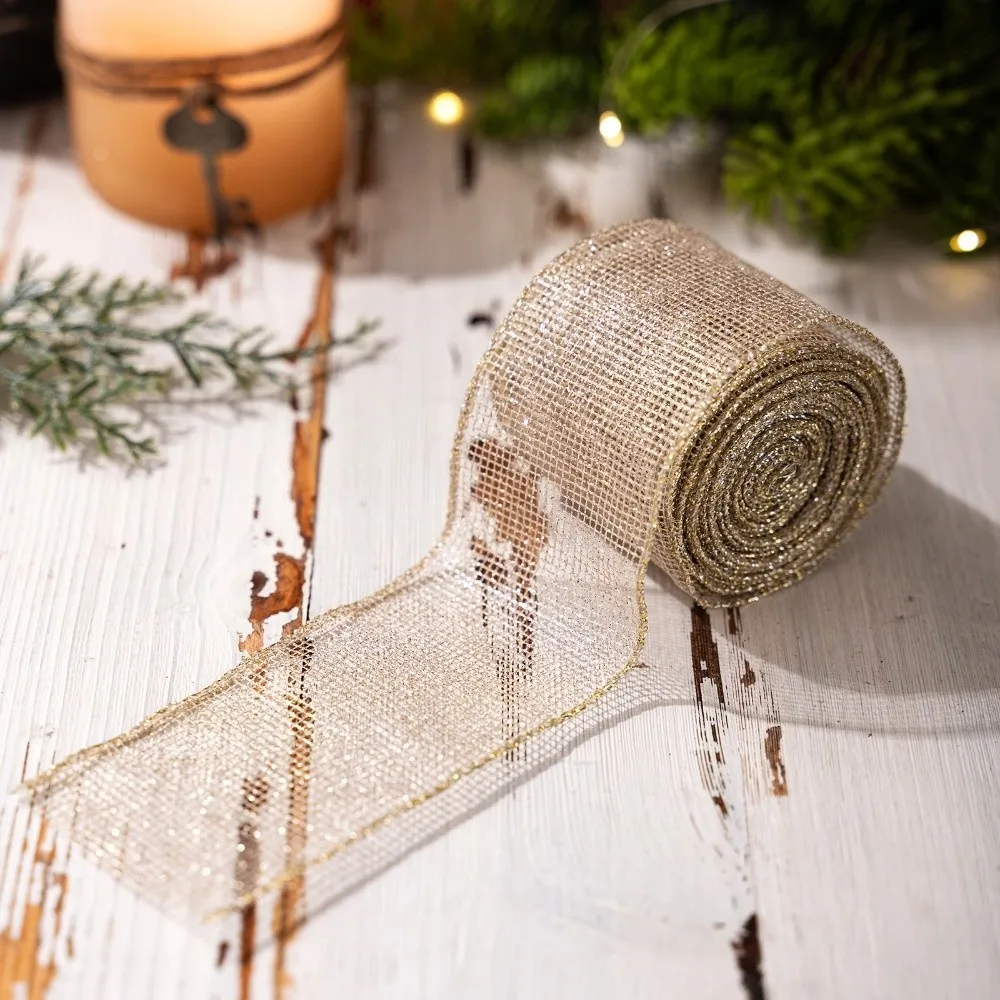 2.5in Wide Christmas Tree Mesh Ribbon 1Roll 179.13in Wavy Binding Christmas Tree Decorations Bowknot Material Fish Tail Burlap
