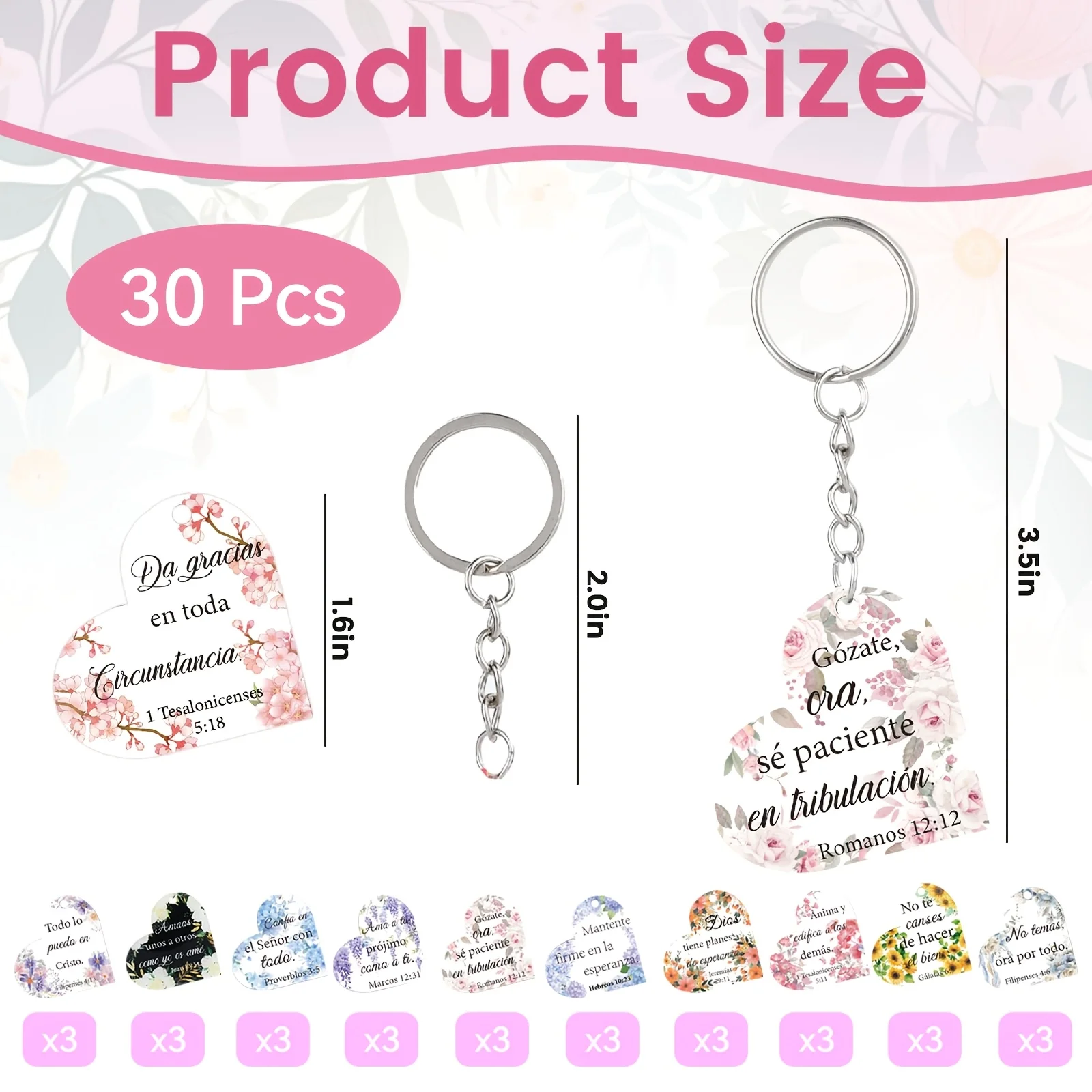 2D Flat, 30pcs Spanish Christian Keychain Set Bible Verse Keychain Religious Gifts Heart Shape with Inspirational Spanish Religious Scripture for Daily Faith Reminder