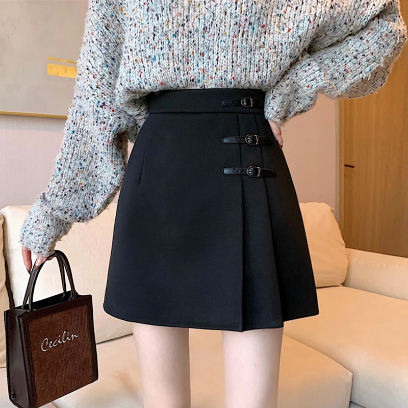 

Ladies Elegant A-line Mini Skirts New 2023 Korean Style Vintage Woolen All-match High Waist Women Casual Short Skirt