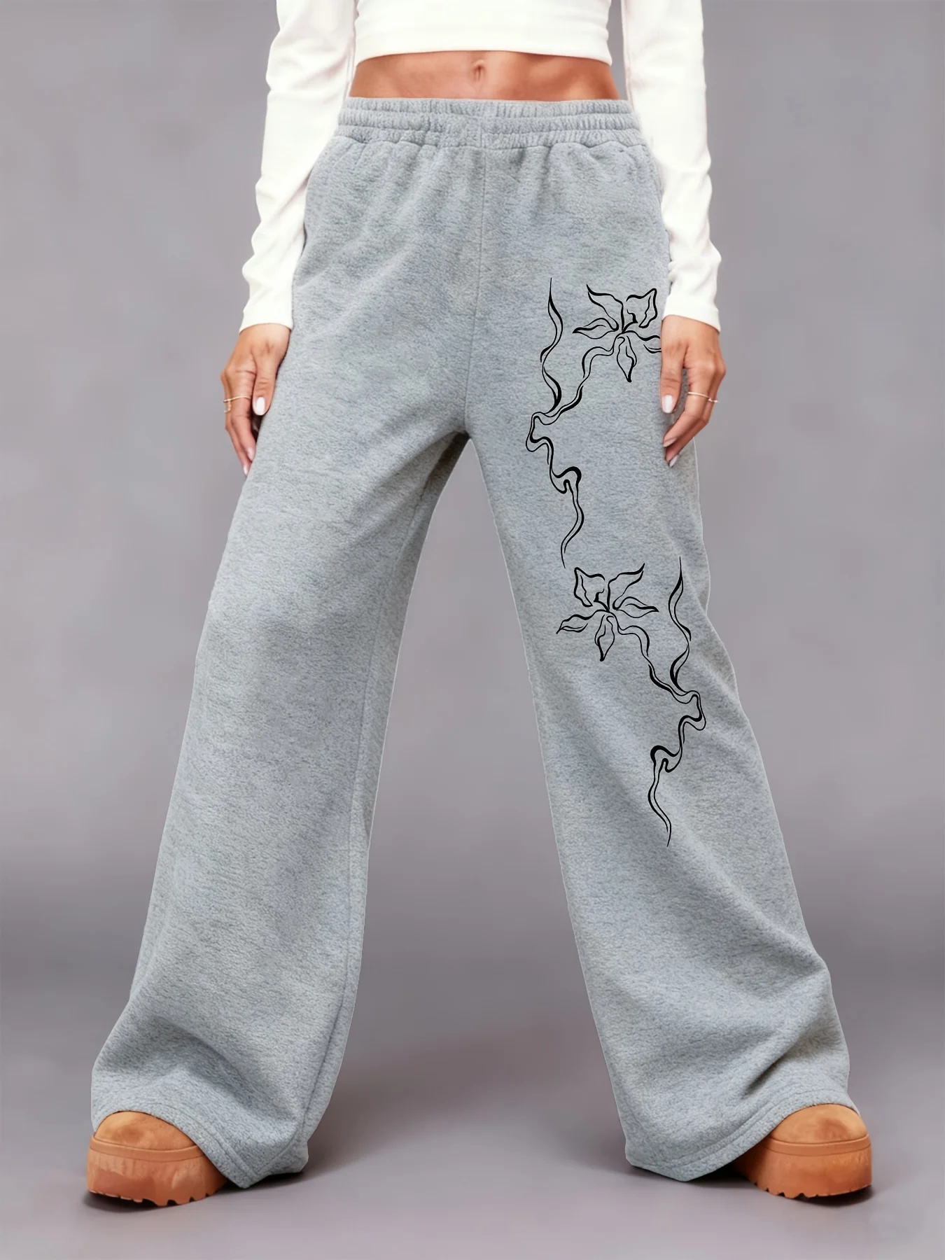 

Новые женские брюки больших размеров с цветочным принтом, флисовые, на резинке, прямого кроя, модные и универсальные