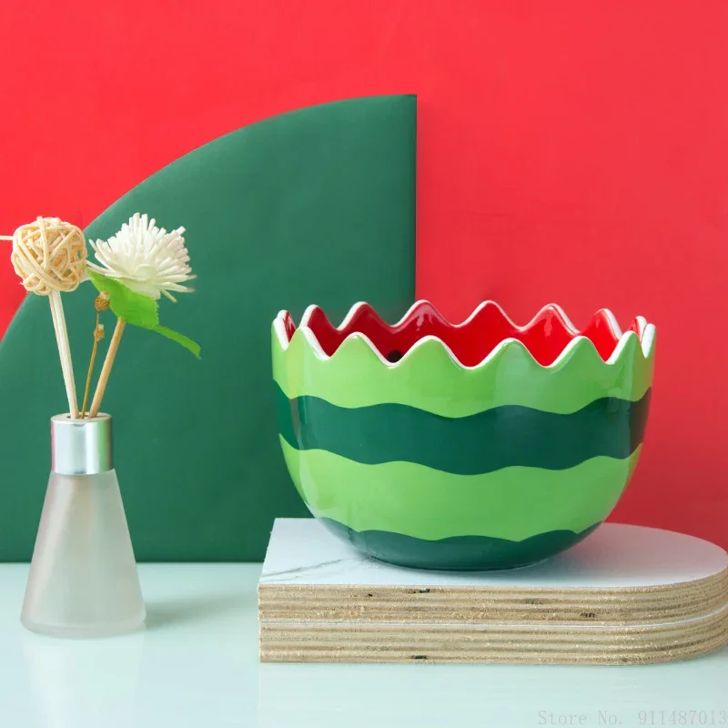 Creative Hand-painted Watermelon Shape Bowl Fruit Salad Multi-functional Household Cute Cartoon Dessert Watermelon Bowl, 1Pc