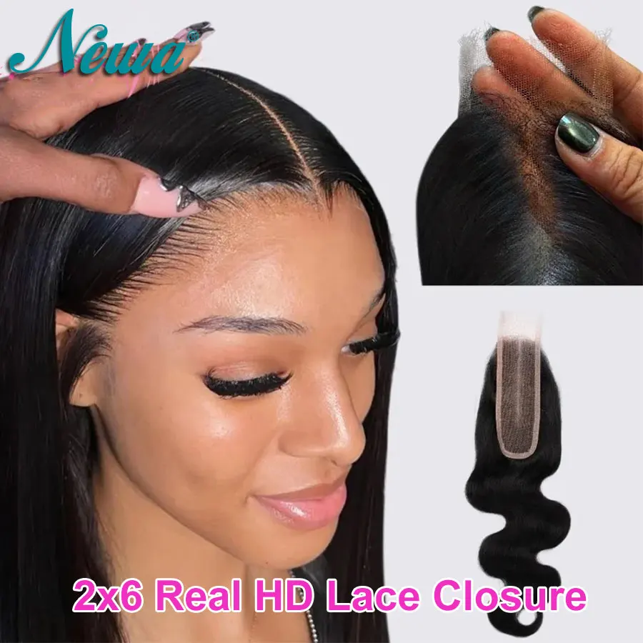 Rambut Asli Body Wave 2x6 HD Lace Invisible Melt Skins Human Hair Closures Raw Hair 6 inci Deep Part HD Lace Closures Pre Plucked Untuk Wanita