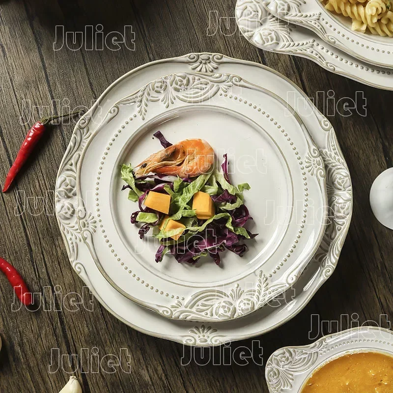 European Style Plates Vintage Relief Dinner Plates Ceramic Tableware Steak Pasta Dishes Dessert Cake Salad Plates Household Use