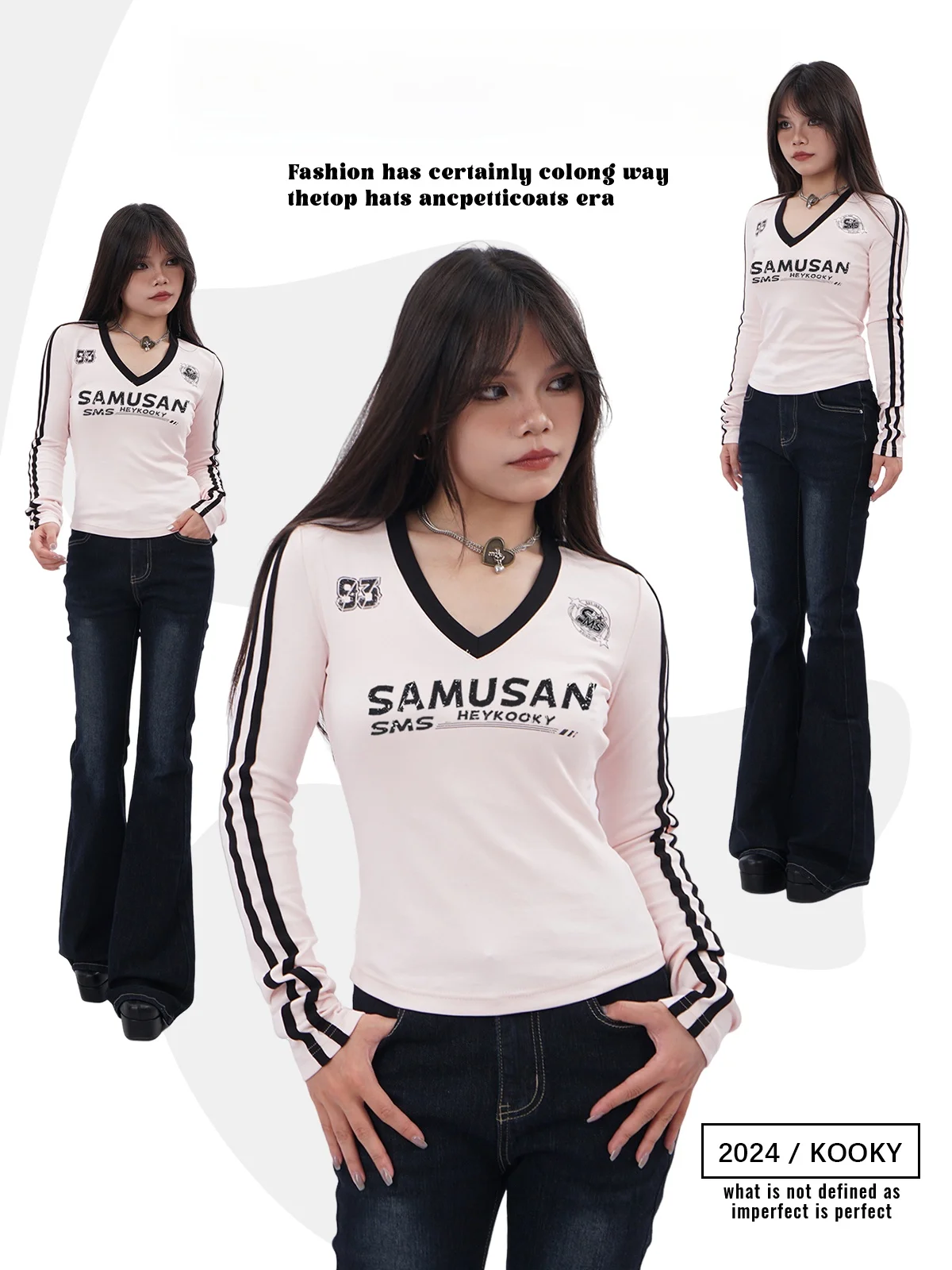 

Американская модная женская бейсбольная футболка с V-образным вырезом, длинными рукавами, принтом букв и декоративными вставками, облегающая, с эффектом похудения