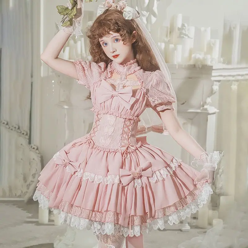

[Butterfly Cross Dream]Court Style Op Short Sleeve Heavy Work Flower Wedding Lolita Dress Pink Lolita Candy Candy Anime
