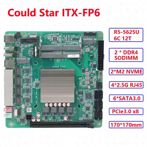AIO FP6 Nas Set ITX Motherboard Onboard R5-5625U Support 2*DDR4 Max 64GB 4*2.5G I226-V 2*M.2-NVME 6*SATA3.0 PCIE3.0