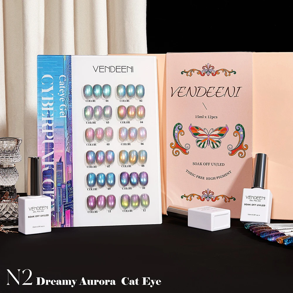Vendeeni 12 Farben/Set Traumhafter Aurora Katzenaugen-Gel-Nagellack Magnetischer UV-LED-Gel-Lack mit Display – Detail 1