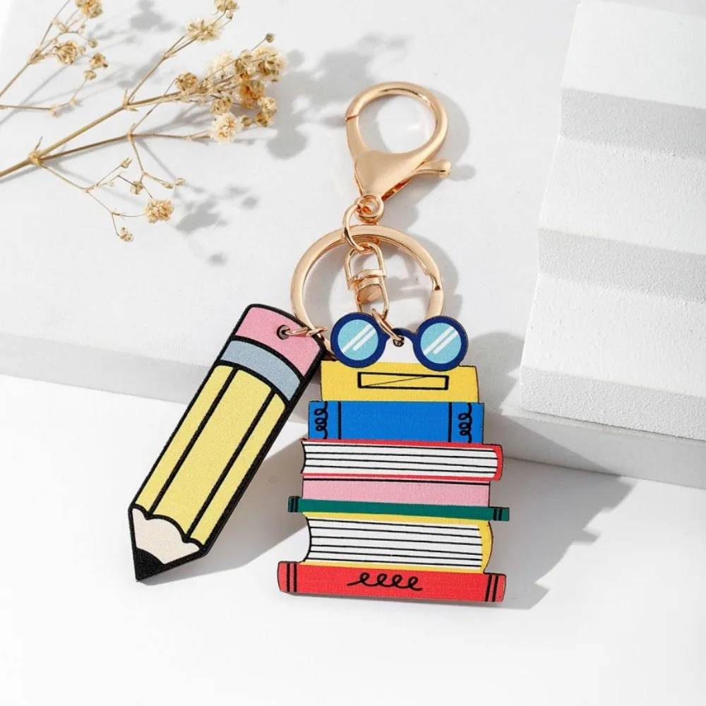 Wooden Pencil Rainbow Keychain English Letter Charm Teacher\'s Day Keychain Trinket Geometric Shape Teacher Education Pendant