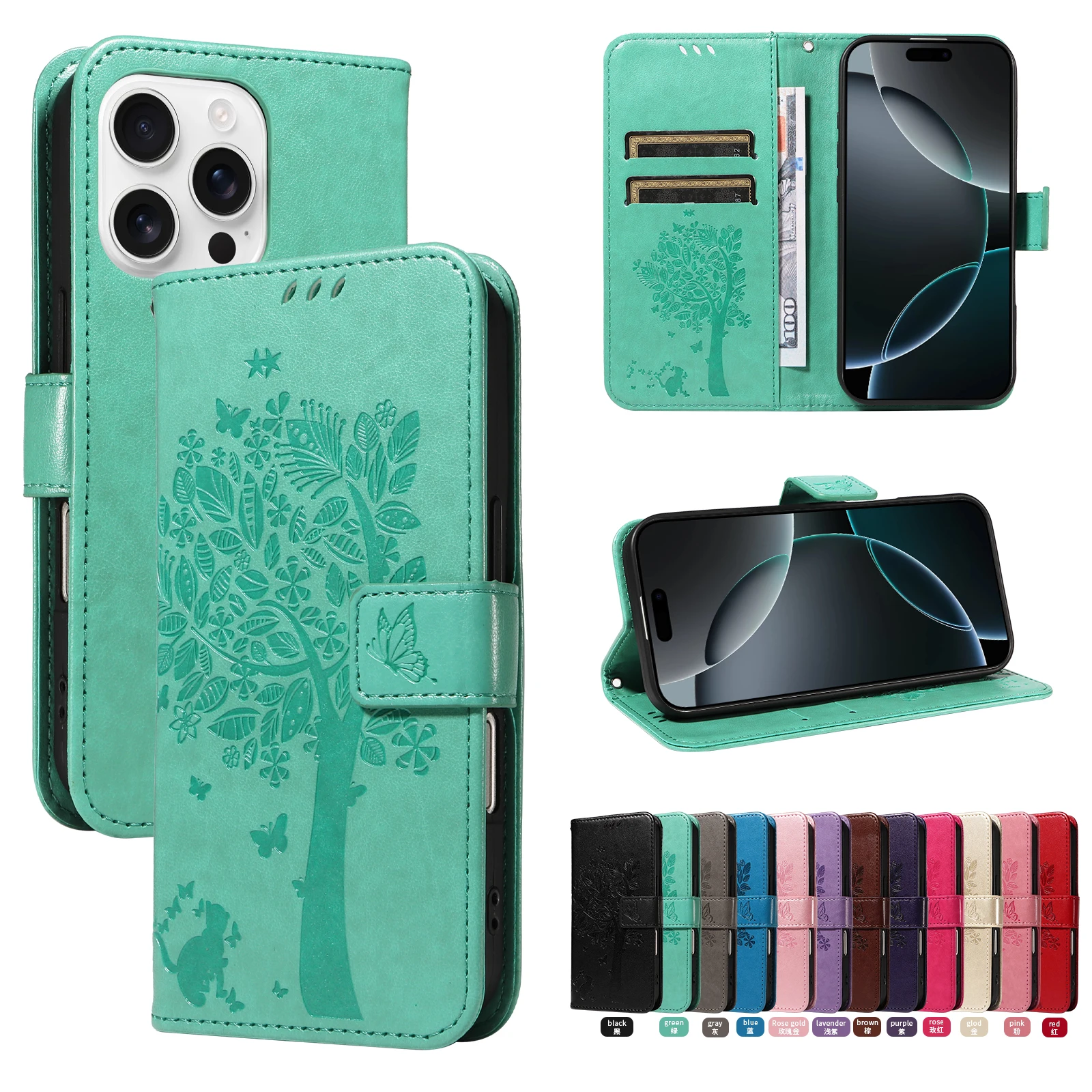 

Embossed Cat+Tree Leather Phone Case for iPhone 11 Pro Promax X XS XR XSMax R61 Leather+Matte TPU Wear Resistant Drop Resistant