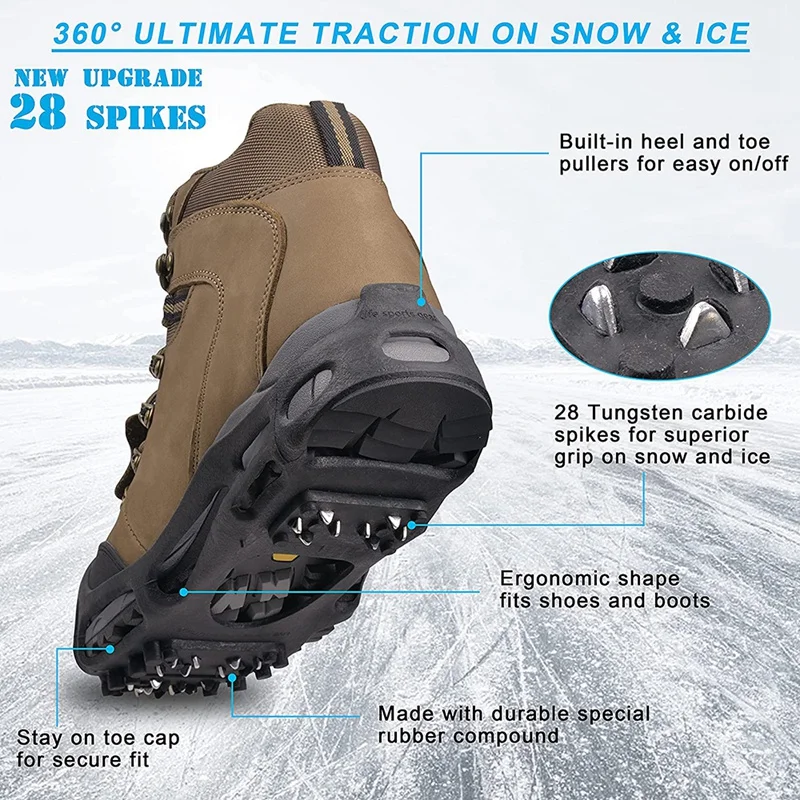 Ice Cleats Snow Traction Cleats Crampon For Walking On Snow And Ice 28 Spikes Upgrade Non-Slip Overshoe