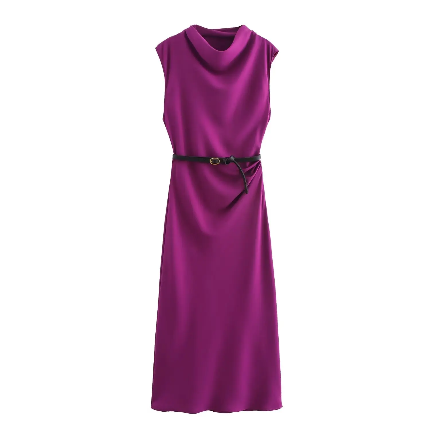 DiYiG femme automne nouvelle mode Style paresseux avec ceinture sans manches robe Midi Chic côté fermeture éclair plissée robe mince robes Mujer