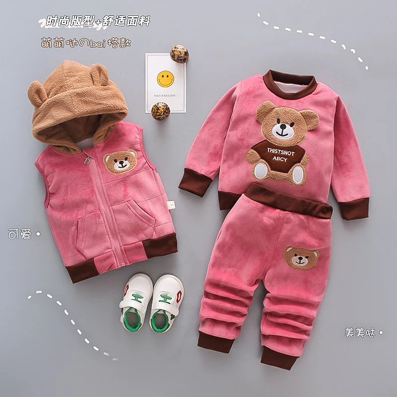 2024 Winter Baby Boys Girls Clothing Sets Autumn Cotton Thick Warm Hooded Sweater Cartoon Cute Bear Three-Piece Kids Suit 0-5Y