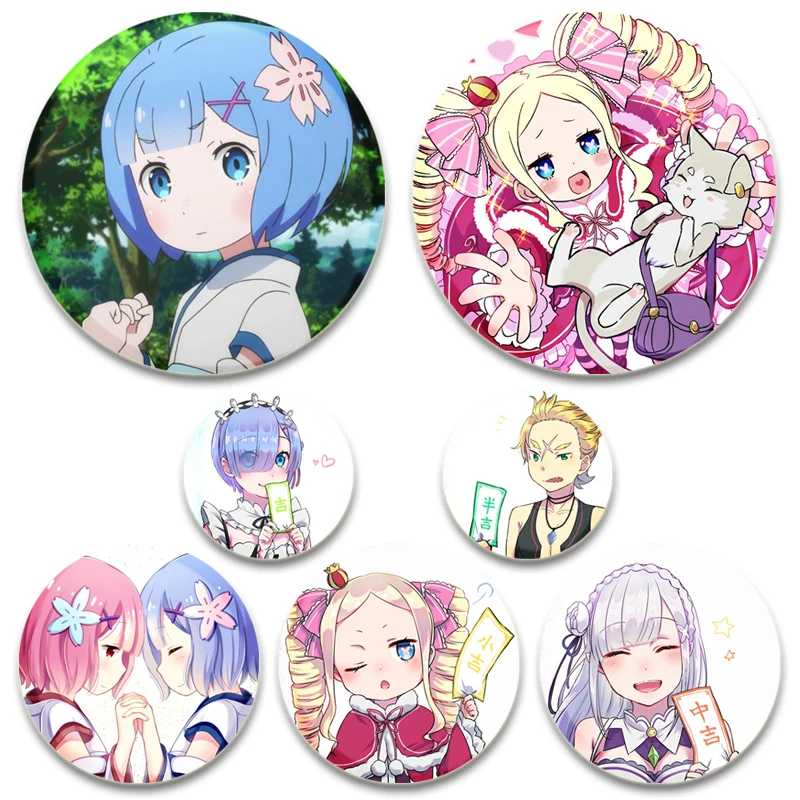 Rem Ram Emilia Kara Hajimeru Isekai Seikatsu Beatrice Natsuki Subaru Brooches Anime Pins Round Cartoon Badge Decoration Gifts