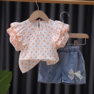 Baumwoll -T -Shirt und Jeanshorts für Babys, Sommerkleidung, 2 Stücke, 0 bis 4 Jahre 6 Hauptverkäufe Denim für Mädchen festgelegt - №5