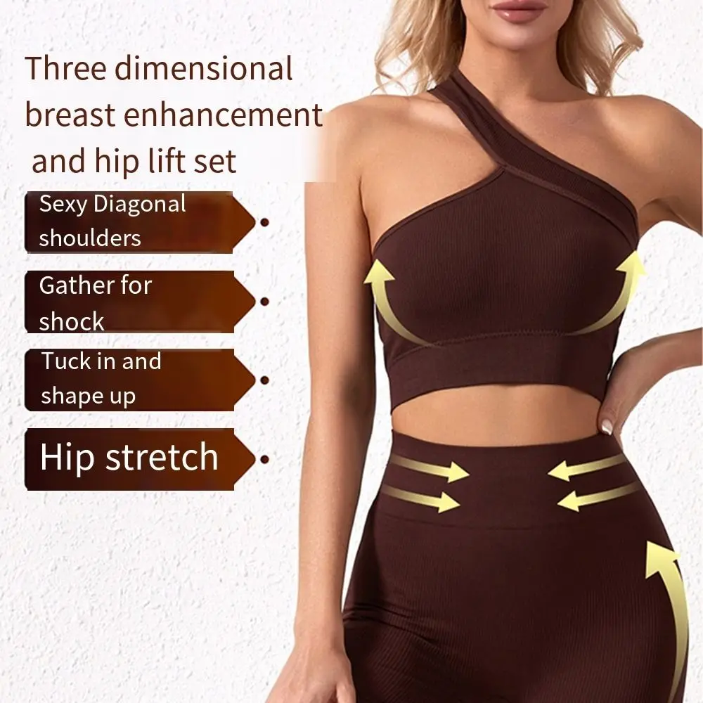 2Pcs Reusable Seamless Women Workout Sets High Waist One Shoulder Active Wear Ribbed Tank Tops Yoga Outfits Fitness