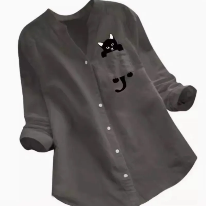 2025 Summer Womens New Arrival Buttons Blouse Tops Solid Color Cute Cat Print Blouses Casual Loose Long Sleeve Shirt Streetwear