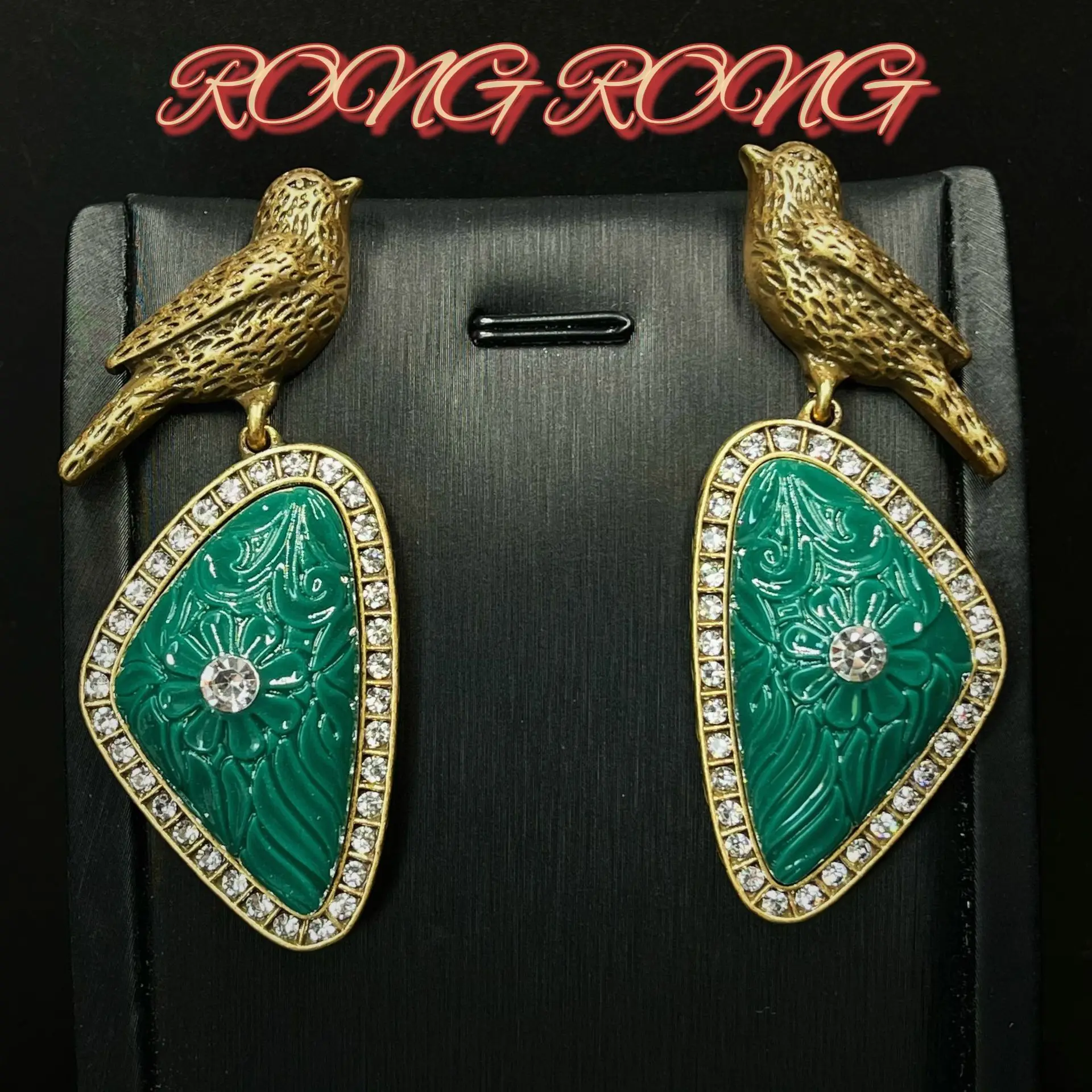 Vintage French Court Vintage Green Geometric Diamond Earrings European and American Retro Heavy Exaggerated Earrings