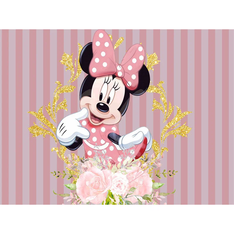 Disney Gold Pink Glitter Minnie Mouse Backdrop Party Supplies Flower Photography Backdrop Birthday Background Girls Decoration