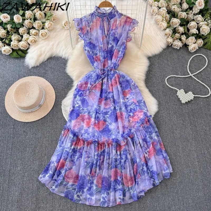 Vintage Women's Dress Temperament Floral Ruffles Vestidos Chiffon Pleated Patchwork Femme Robe Bandage Office Lady Ropa Mujer