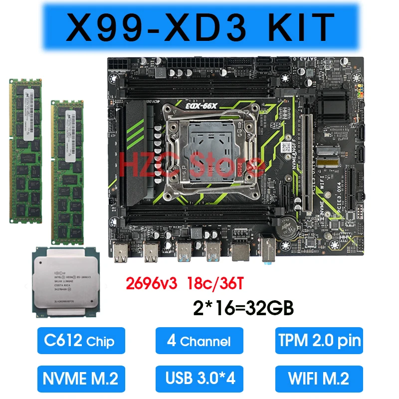 X99 DDR3 Motherboard Combo set kit with Xeon E5 2696 V3 CPU and