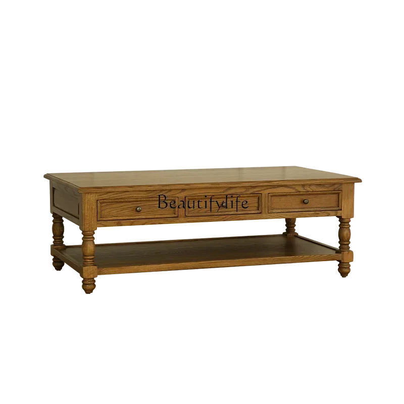 

American retro solid wood tea table multiple drawers oak six drawers with baffle double layer