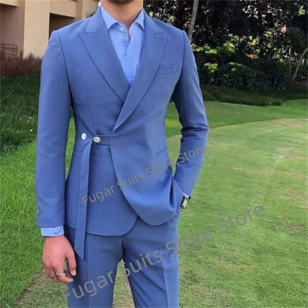 

Handsome Blue Halloween Suit For Men Slim Fit Peak Lapel Formal Groom Tuxedos 2 Pieces Sets Business Male Blazer Ternos Mascuino