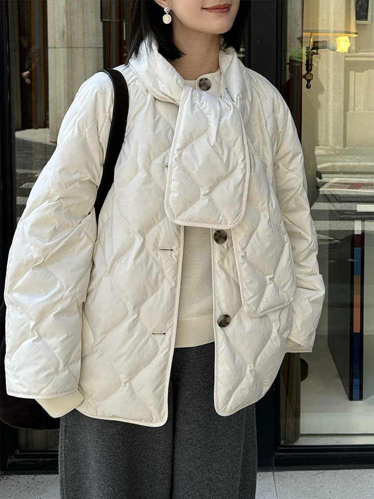 

Women's Loose Diamond Patterned Puffer Jaet with Scarf Inteated Design Warm Top Casual Commute Sle Long Sve Coat