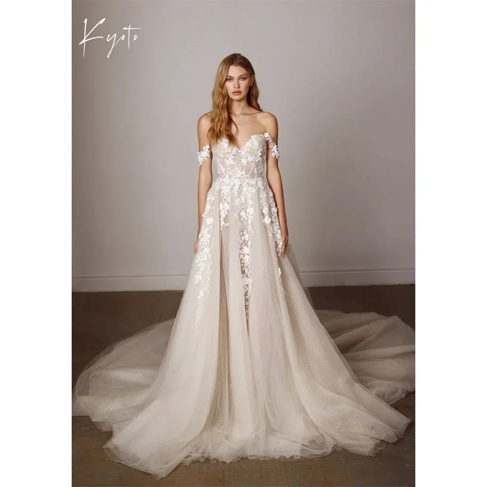 

Kyoto Customized Glitter Floral Straps Appliques Wedding Dress Off the Shoulder A-Lineفستان زفافLong Train Formal Abito da sposa