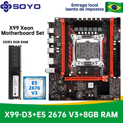 Kit de Placa-Mãe SOYO X99 com CPU Xeon E5 2676 V3 LGA2011-3, Memória RAM DDR3 8GB (1*8) 1600MHz, NVME M.2 SATA para Computador Desktop