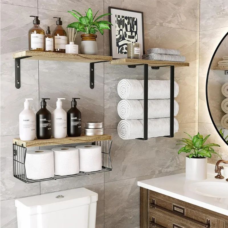 Wooden Wall Mounted Shelf Bathroom Floating Towel Shelves Over Toilet Multilayer Organizer Rack Modern Tissue Holder Stand
