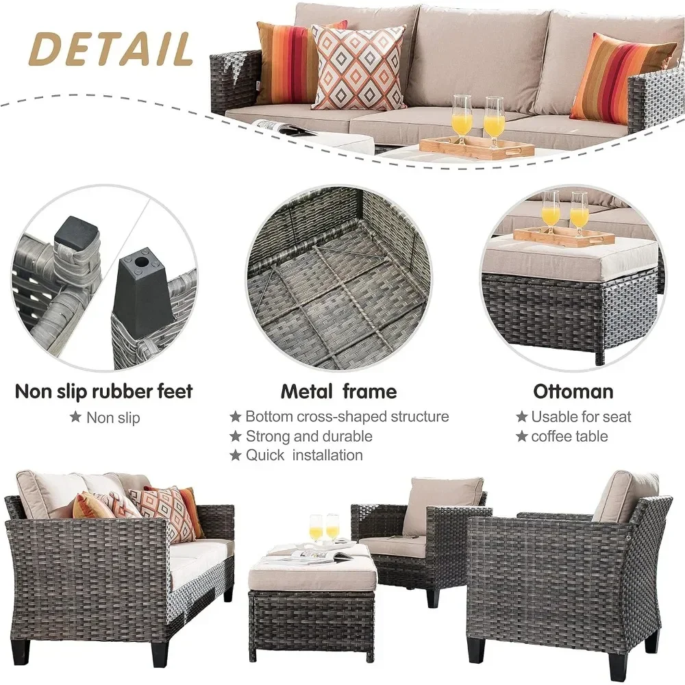 5 Pieces Outdoor Wicker Rattan Sofa Couch with Chairs, Ottomans and Comfy Cushions, Garden Backyard Patio Furniture Set