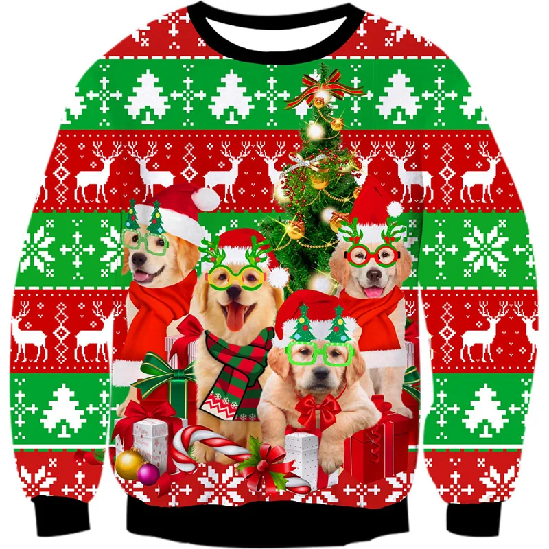 3D Printed Christmas Gift Cat Dog Sweatshirt For Men Beer Pizza Pattern Pullovers Casual Loose O-Neck Long Sleeve Unisex Hoodies