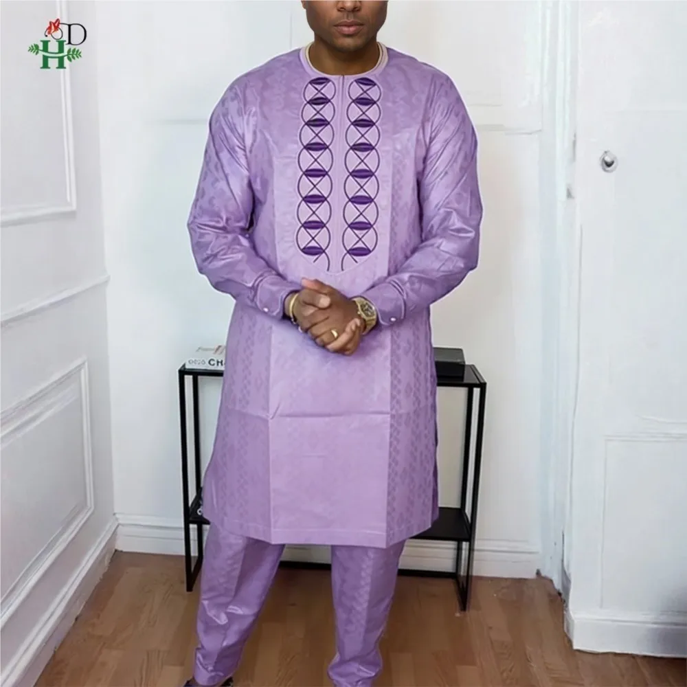 Vestidos africanos H&D para parejas, conjunto morado a juego, traje tradicional bordado para hombre, vestido original de Dubái para damas.